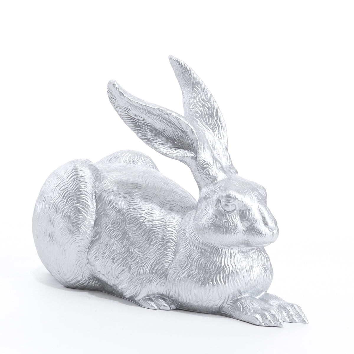 Silberne Skulptur des Dürer-Hasen von Ottmar Hörl, moderne Interpretation des berühmten Feldhasen von Albrecht Dürer, farbige Kunststofffigur